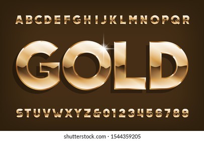 Gold alphabet font. Shining golden letters and numbers with shadow. Stock vector typescript for your design.