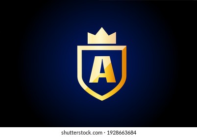 gold A alphabet letter logo icon. Design for company and business identity with shield and king crown