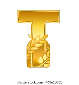 gold alphabet letter T with gold leaf icon