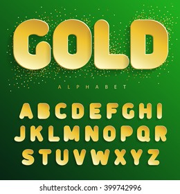Gold alphabet. Stickers paper letters style. Glitter gold font. Best to use for printed cards, luxury labels, infographics, header, shop, casino. Vector illustration.