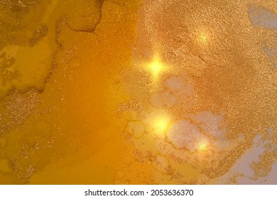 Gold, and amber yellow abstract marble background with sparkles. Vector texture in alcohol ink technique with glitter. Template for banner, poster design. Fluid art painting