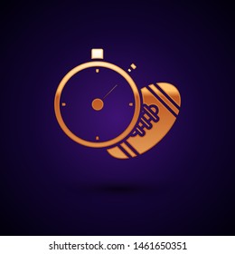 Gold American Football ball and stopwatch icon isolated on dark blue background. Set of sport equipment.  Vector Illustration