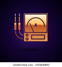 Gold Ampere meter, multimeter, voltmeter icon isolated on dark blue background. Instruments for measurement of electric current.  Vector Illustration