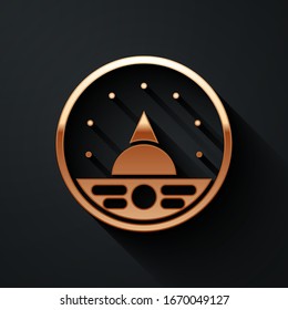 Gold Ampere meter, multimeter, voltmeter icon isolated on black background. Instrument. for measurement of electric current. Long shadow style. Vector Illustration