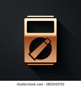 Gold Ampere Meter, Multimeter, Voltmeter Symbol einzeln auf schwarzem Hintergrund. Messgeräte für elektrischen Strom. Lange Schattenstil. Vektorgrafik