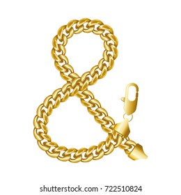 Gold ampersand or "&" (and or short and) sign made of shiny thick golden chain with a lobster claw clasp lock. Realistic vector detailed illustration isolated on a white background. 