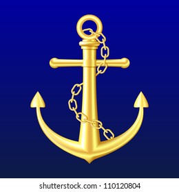 Gold Anchor with chain on blue background. Vector illustration