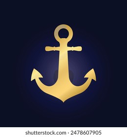 Gold Anchor icon logo for ship symbol pirate helm Nautical maritime simple vector illustration graphic isolate on dark blue background.