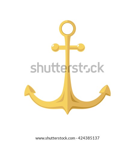Gold Anchor Isolated on White, Flat Design, Ship Equipment,  Vector Illustration