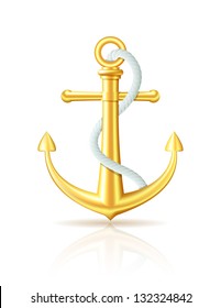 Gold anchor with rope on white background. Vector illustration