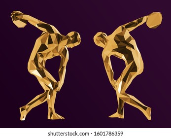 Gold Ancient Greek Athlete. Shiny Metallic Set of Golden Discobolus on Purple Background. Low Poly Vector 3D Rendering