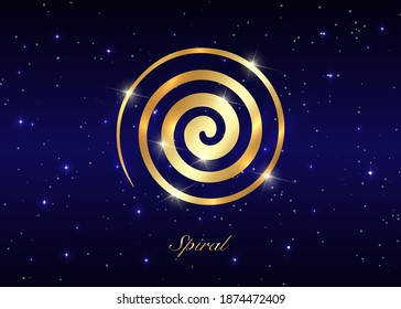 Gold Ancient Spiral, the Goddess creative powers of the Divine Feminine, and the never ending circle of creation. Wiccan fertility symbol isolated on blue starry night sky background