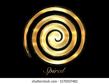 Gold Ancient Spiral. This rapresent the Goddess creative powers of the Divine Feminine, and the never ending circle of creation. Golden Wiccan fertility symbol. Isolated on black, vector illustration