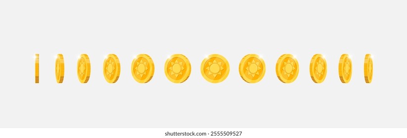 Gold ancient sun coin rotates dynamically at changing angles for gaming apps. Metallic token symbolizing achievement in motion. Flat 3D visual perfect for interactive designs