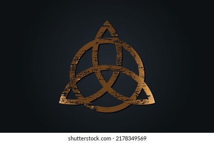 Gold Ancient Triquetra, Trinity Knot, Wiccan symbol for protection. Grunge Celtic old sign. Wiccan divination symbol, golden occult symbols, sacred geometry vector isolated on black background