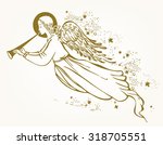 Gold Angel with the trumpet flying in the clouds - vector illustration