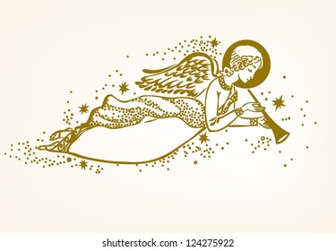 Gold Angel with the trumpet flying in the clouds - vector illustration