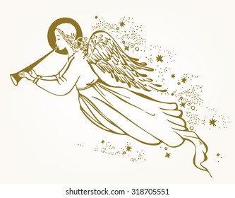 Gold Angel with the trumpet flying in the clouds - vector illustration