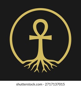 Marco de borde de raíces de círculo de oro. Un jeroglífico originario del Antiguo Egipto que representa la vida, la inmortalidad y la reencarnación.