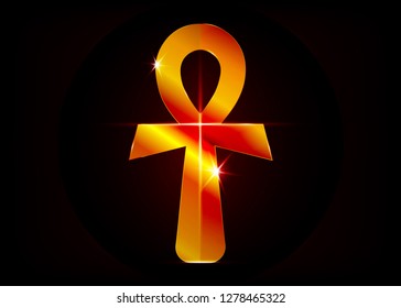 The gold ankh egyptian cross. Vector illustration. Antique red golden ankh egyptian religious symbol. The ancient Egyptians used the Ankh as a symbol for eternal life. Vector icon isolated or black 