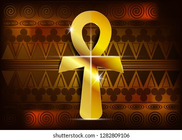 The gold ankh egyptian cross. Vector illustration. Antique golden ankh. The ancient Egyptians used the Ankh as a symbol for eternal life. Vector icon isolated or Egyptian religious symbol background 