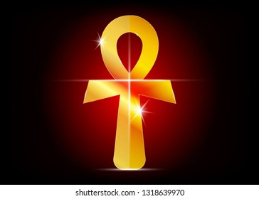 The gold ankh egyptian cross. Vector illustration. Antique red golden ankh egyptian religious symbol. The ancient Egyptians used the Ankh as a symbol for eternal life. Vector icon isolated or black