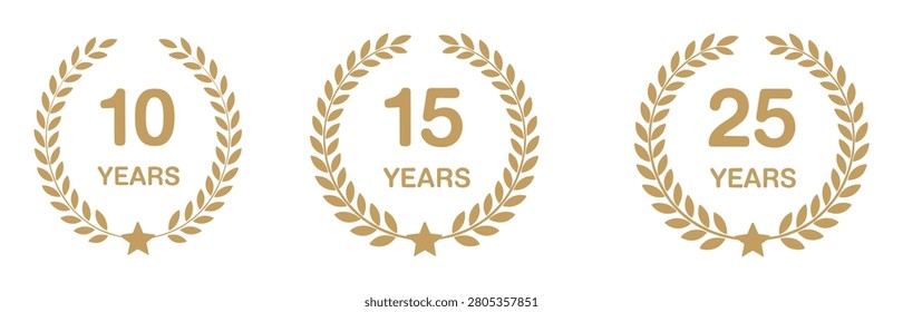 Gold anniversary laurel wreath emblems with numbers 10 15 and 25 years text and star on white background