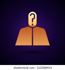 Gold Anonymous Man With Question Mark Icon Isolated On Black Background. Unknown User, Incognito Profile, Business Secrecy, Obscurity.  Vector Illustration