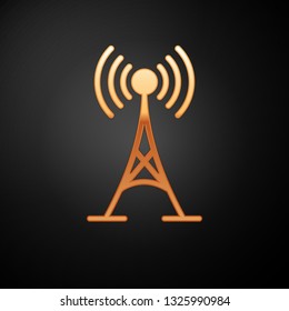 Gold Antenna icon isolated on black background. Radio antenna wireless. Technology and network signal radio antenna. Vector Illustration