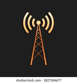 Gold Antenna Icon Isolated On Black Background. Radio Antenna Wireless. Technology And Network Signal Radio Antenna. Long Shadow Style. Vector.