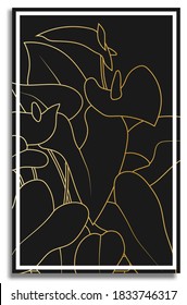 Gold anthurium. Abstract painting in frame for decor of interior. Heart shaped flowers with leaves. Plants in batanic garden. Vector