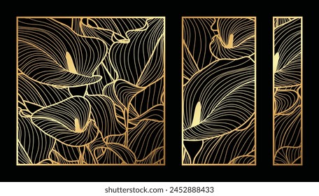 Gold anthurium flower pattern vector collection. Laser cut with line design pattern. Design for wood carving, wall panel decor, metal cutting, wall arts, cover background, wallpaper and banner.