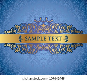 Gold antique frame on blue decorative background, vector illustration