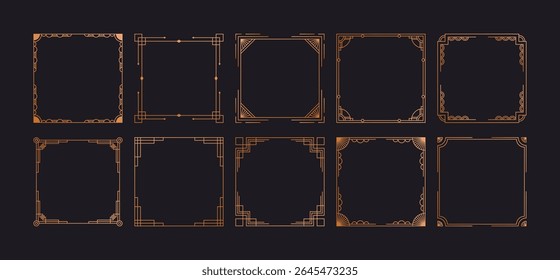 Gold antique frame set. Art deco gold vintage frames, decorative luxury borders with elegant geometric lines, golden retro modern elements. Vector collection.
