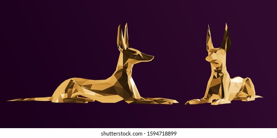 Gold Anubis. Shiny Metallic Set of Golden Egyptian Gods on Purple Background. Low Poly Vector 3D Rendering