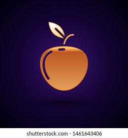 Gold Apple icon isolated on dark blue background. Fruit with leaf symbol.  Vector Illustration