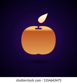 Gold Apple icon isolated on dark blue background. Fruit with leaf symbol.  Vector Illustration