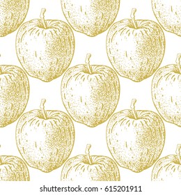 Gold apple seamless pattern in vintage stippling style. Hand drawn. Vector illustration. Design for eco food, fruit market, cosmetics, medicinal, homeopathy products and more. All over print.