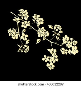 Gold apple-treesakura blossomson black background. Vector illustration