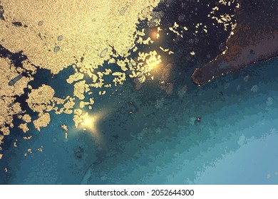 Gold and aquamarine blue abstract marble background with sparkles. Vector texture in alcohol ink technique with glitter. Template for banner, poster design. Fluid art painting
