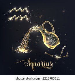 Gold Aquarius zodiac sign poster with jug zodiac figure, symbol glyphs, constellation and zodiac name on black background. Glowing low polygonal style. Modern abstract design vector illustration