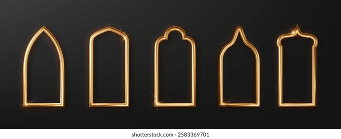 Gold arab windows frame realistic. Ramadan Kareem labels for invitation desing element. Arabic traditional frame set