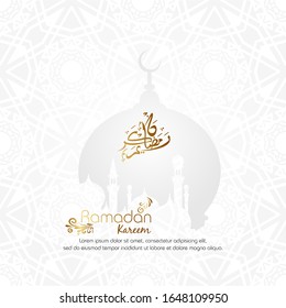 Gold arabic calligraphy with mosque silhouette. Ramadan kareem islamic design for greeting, card, poster, banner and background.
