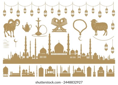 Gold Arabic elements for Islamic holidays Ramadan, Eid Al-Adha, Eid Mubarak. Eastern silhouette of Arabic city, mosque, Koran, crescent, star, hookah, rosary, lantern garland. Vector illustration.