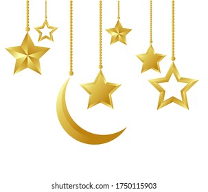 Gold arabic lantern, crescent, star on white background. Design creative concept of islamic celebration day ramadan kareem or eid al fitr adha, hajj, hijri, mawlid. 3D lantern for background.