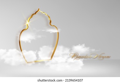 goldarabisches Fenster islamisches Symbol Ramadan Kareem in der Himmelskonzeption für das muslimische Gemeindefestival. Banner-Vorlage, Vektorgrafik auf weißem Hintergrund
