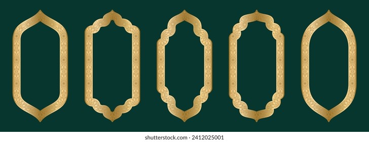 Gold arch frame shape Islamic door or window with geometric girikh pattern, silhouette Arabic arch. Collection in oriental style. Frames in Arabic Muslim design for Ramadan Kareem. Vector illustration