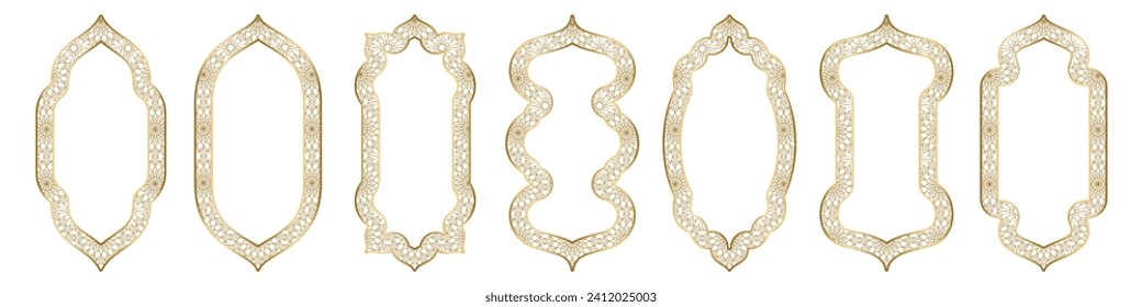 Gold arch frame shape Islamic door or window with geometric girikh pattern, silhouette Arabic arch. Collection in oriental style. Frames in Arabic Muslim design for Ramadan Kareem. Vector illustration