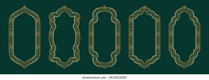 Gold arch frame shape Islamic door or window with geometric girikh pattern, silhouette Arabic arch. Collection in oriental style. Frames in Arabic Muslim design for Ramadan Kareem. Vector illustration