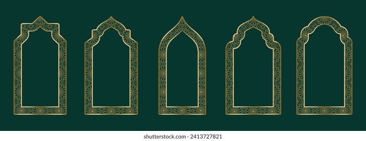 Gold arch frame shape Islamic door or window with geometric girikh pattern, silhouette Arabic arch. Luxury set in oriental style. Frames in Arabic Muslim design for Ramadan Kareem. Vector illustration